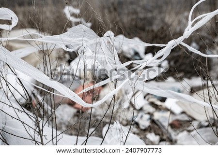 Environmental pollution. Plastic bag in the nature. Garbage is flying in the natural environment.