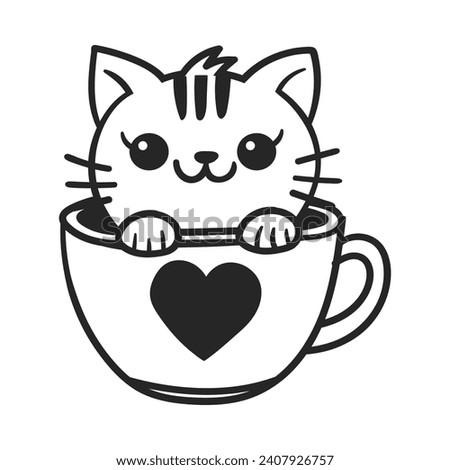 Cute cat in tea coffee cup. Cute, funny animal pet character for Valentines day concept. Linear vector black and white illustration