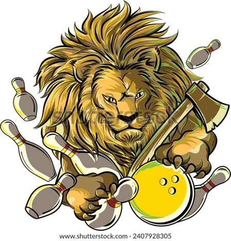 lion jumping to catch yellow bowling balls, bowling pins - Vector Template for poster of Sport competition or Tournament, lion head vector classic 