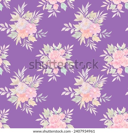 seamless watercolor pattern, bouquet of flowers on purple background