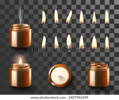 Set of Perfumed Soy and coconut wax candle in brown glass jar and candles flames different shapes isolated on transparent background. Candlelight, aromatherapy. Realistic 3d Vector illustration. Royalty-Free Stock Photo #2407942699