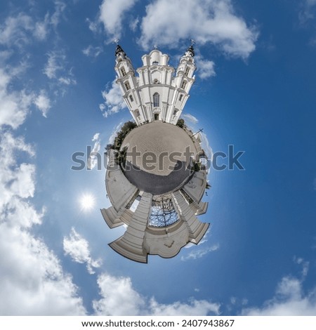 little planet transformation of spherical panorama 360 degrees overlooking church in center of globe in blue sky. Spherical abstract aerial view with curvature of space. Royalty-Free Stock Photo #2407943867