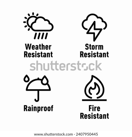 Weather Resistant, Storm Resistant, Rainproof, Fire Resistant  information signs Royalty-Free Stock Photo #2407950445