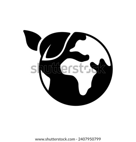 Green earth planet icon. Simple solid style. World ecology, globe with leafs, eco environment logo, save nature concept. Black silhouette, glyph symbol. Vector illustration isolated.