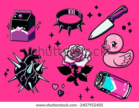 Set of emo Y2K style stickers on a pink background. Vector illustrations of a black heart, a rose, a rubber ducky, a knife and a soda can. Royalty-Free Stock Photo #2407952405