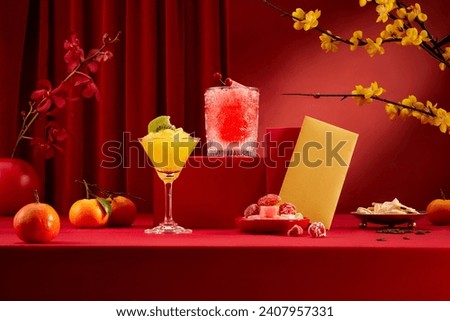 A party table with colorful cocktails, fruit jam, lucky money envelope, tangerines, yellow apricot flowers, etc. Space for Tet advertising with front view. Royalty-Free Stock Photo #2407957331