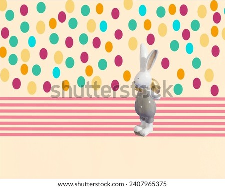 Easter pattern made of an Easter bunny on a dotted and striped yellow background. Colorful Easter pattern. Minimal concept. 