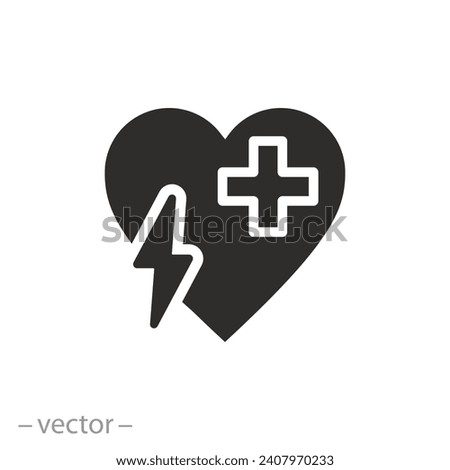 medical cross with heart and flash icon, emergency defibrillator, flat symbol on white background - vector illustration
