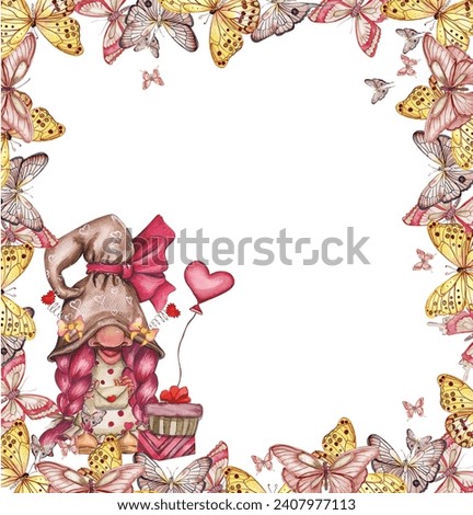 Composition with Valentines Nordic gnomes, Scandinavian gnomes in butterfly frame. Valentine's day postcard.Watercolor elements for birthday,cake,holiday celebration design, greetings card,invitation.