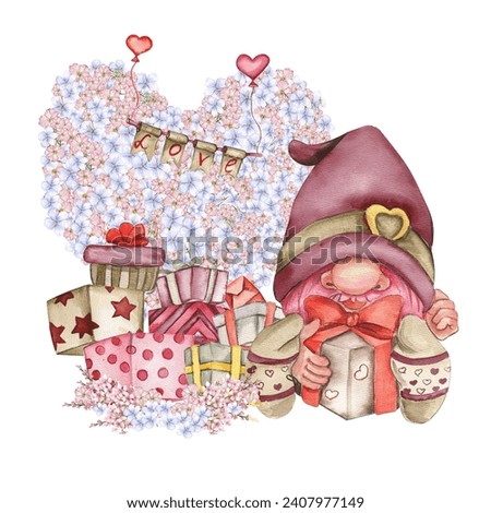 Composition with Valentines Nordic gnomes, gift boxes and flowers. Cute valentine's day postcard. Watercolor elements for birthday,cake, holiday celebration design, greetings card, invitation.