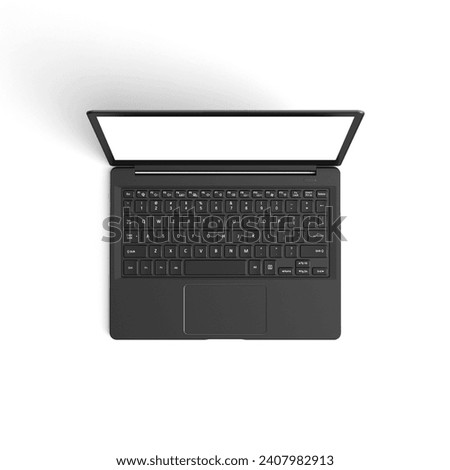 Laptop empty display with blank screen isolated on white background for ads top view middle