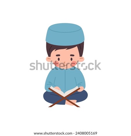 Muslim boy reads a prayer Koran book. Tradition Muslim faith and Islamic religion child in national Arab clothing and headdress. Vector illustration of cartoon cute kid character isolated on white Royalty-Free Stock Photo #2408005169