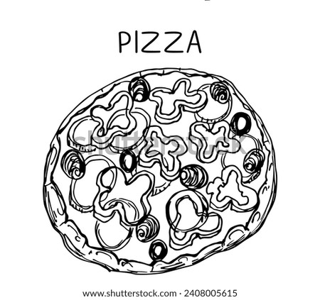 Sketch hand draw pizza on a white background.Italian Vector illustration.