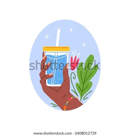 Hand holding glass or plastic mug with straw and lid of clean water. Vector flat illustration of person holds a drink of pure aqua in arm. Beverage on floral decorative background in oval frame