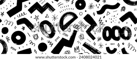 Playful childish seamless banner design with geometric bold lines and charcoal doodles. Hand drawn random childish doodle elements, bold curly lines and brush strokes. Creative art background. Royalty-Free Stock Photo #2408024021