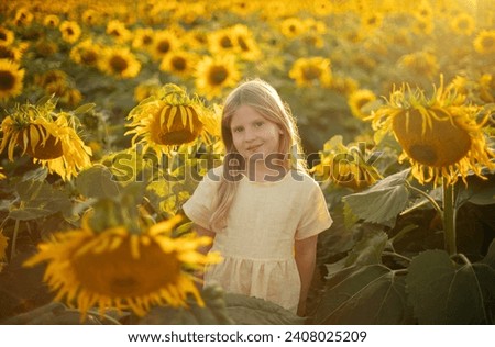 Blonde girl in a field of sunflowers. Summer sunset in a field.
