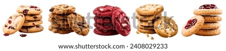 Pile group stack tower of round cookie cookies biscuit, nuts fruit flavour set, on white background cutout file. Many assorted different flavour. Mockup template for artwork design Royalty-Free Stock Photo #2408029233