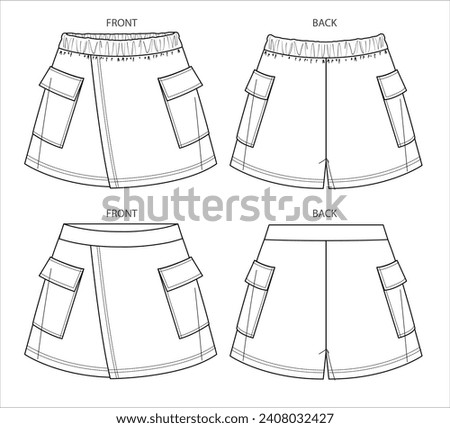 Vector mini skirt short fashion, wrapped woman skort with elasticized waistband sketch, template, flat, technical drawing. Jersey or woven fabric 2 pcs set of skirt with front, back view, white color Royalty-Free Stock Photo #2408032427