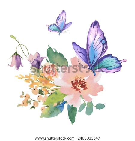Watercolor spring flowers with butterflies. Bluebell, gerberas, zinnia, wildflowers. Easter. Illustration on a white background. For designers, postcard printing, clipart