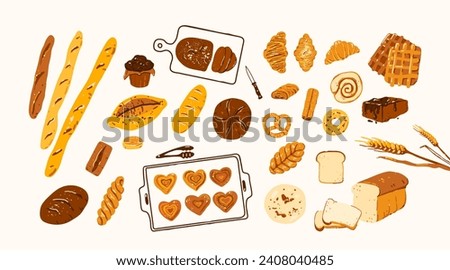 Bread set vector background. Vector bakery pastry products - rye, wheat and whole grain bread, croissant, bagel, french baguette, roll, toast bread slices, bun, loaf. Royalty-Free Stock Photo #2408040485