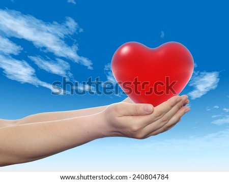 Concept or conceptual 3D red abstract heart sign or symbol held in hands by woman or child over nice blue cloud sky background, metaphor to love, holiday, wedding, care, valentine, protection romantic