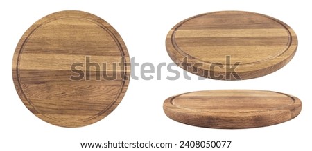 Top view and perspective of empty wood plate isolated on white background Royalty-Free Stock Photo #2408050077