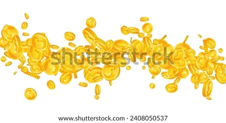 American dollar coins falling. Scattered gold USD coins. USA money. Great business success concept. Wide vector illustration. Royalty-Free Stock Photo #2408050537