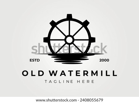 old water mill at a river illustration logo vector vintage icon design Royalty-Free Stock Photo #2408055679