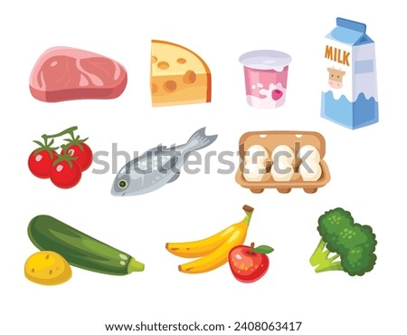 Cartoon food and drink vector set, collection isolated on white. Food and meal clipart illustration. Collage of grocery food icons. Healthy eating fruits, vegetables, drinks, meat. Supermarket list.