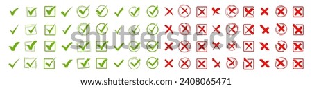 Green check mark and red cross icon set. Isolated vector illustration. Vector drawing. Cross symbol.