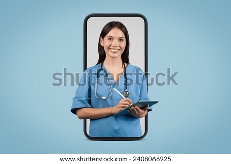 Young nurse in blue holding tablet, featured within large phone screen against blue background, illustrating advanced healthcare tech