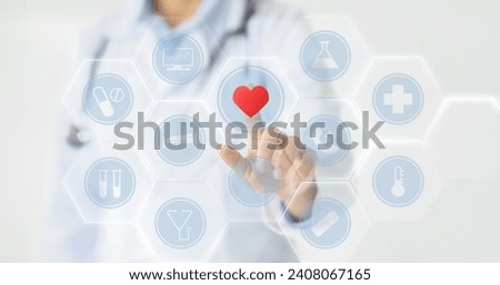 Woman doctor touching virtual screen, telehealth concept. Innovative Medicine. Cropped general practitioner pressing button on digital screen with virtual medical icons, creative collage, panorama