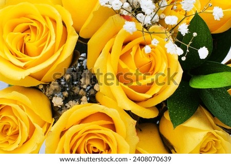 bouquet of fresh yellow roses, top view.