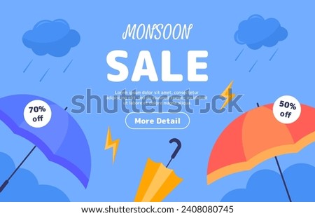 Monsoon season sale poster. Red and blue umbrellas under rain. Autumn and fall season. Discounts and promotions, special and limited offer for clients. Cartoon flat vector illustration