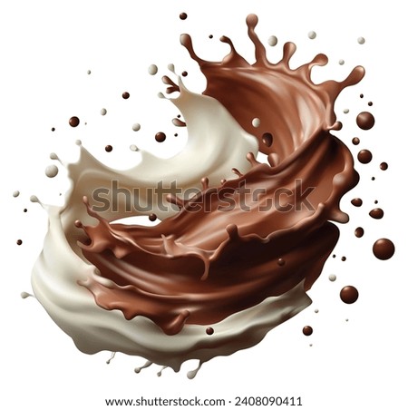 Milk and chocolate splash swirls and flow. Realistic vector background with cocoa and milky waves with drops. Vector illustration isolated on white background.