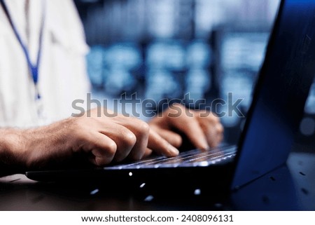 Licensed specialist in data center providing dedicated VPN servers able to deliver enhanced privacy, encrypted sensitive data, online anonymity and stable internet connections to users, close up Royalty-Free Stock Photo #2408096131
