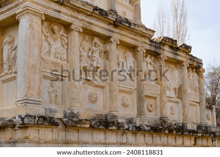 Closeup of figured marble reliefs of antique temple Sebasteion with mythological, allegorical and imperial subjects in ancient city of Aphrodisias, Turkey Royalty-Free Stock Photo #2408118831