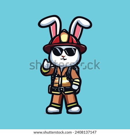 FIRE FIGHTING RABBIT MASCOT ILLUSTRATION VECTOR IN BLACK, BROWN, RED, PINK AND WHITE WITH SKY BLUE BACKGROUND