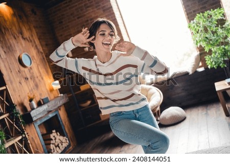 Photo of carefree energetic crazy young person enjoy spend free time weekend dancing apartment inside Royalty-Free Stock Photo #2408144051