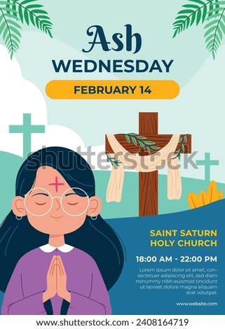 Happy Ash Wednesday background. Ash Wednesday celebration. Christian holy day of prayer and fasting. Cartoon Vector illustration design for Poster, Banner, Post, Flyer, Card, Cover. February 14.