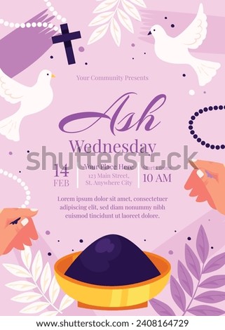 Happy Ash Wednesday background. Ash Wednesday celebration. Christian holy day of prayer and fasting. Cartoon Vector illustration design for Poster, Banner, Post, Flyer, Card, Cover. February 14. Royalty-Free Stock Photo #2408164729