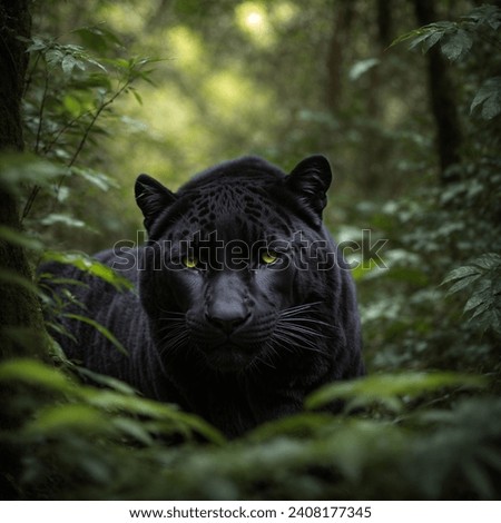 In a dense jungle, an agile panther emerges from the shadows. Its sleek black coat contrasts against lush vegetation. With piercing yellow eyes, it surveys the surroundings, capturing its wild grace