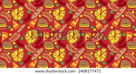 Fast food vector seamless pattern. illustration with hot dog, fries, burger, pizza. vector