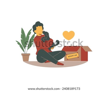 Woman sitting on the floor with a puppy next to a adobtion box. Vector illustration pet and animal adoption