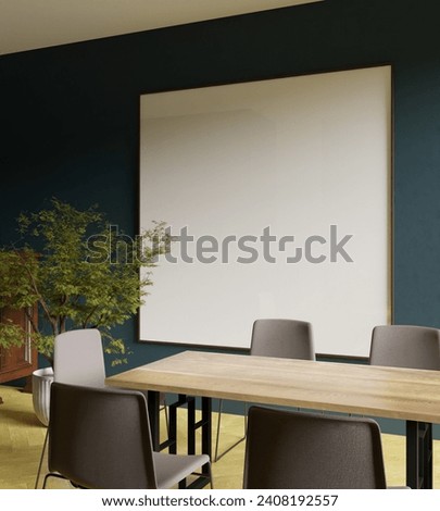 a square 200x200 frame mockup poster behind the dining table in the modern dining room with tree decoration