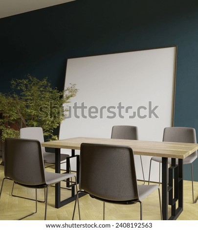 a square 200x200 frame mockup poster behind the dining table in the modern dining room with tree decoration