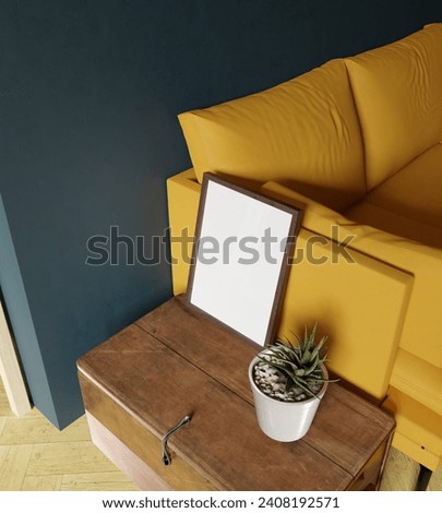 small and simple frame mockup poster on the wooden chest in the living room for your photo mockup