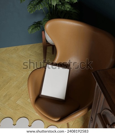 30x40 wooden frame mockup poster standing on the orange egg chair in the interior with plant decor