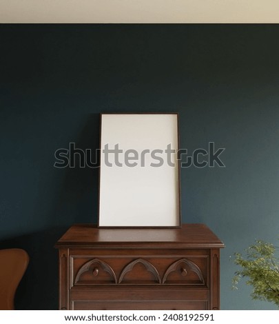 simple and elegant frame mockup poster standing on the wooden drawer in the living room with tree decoration