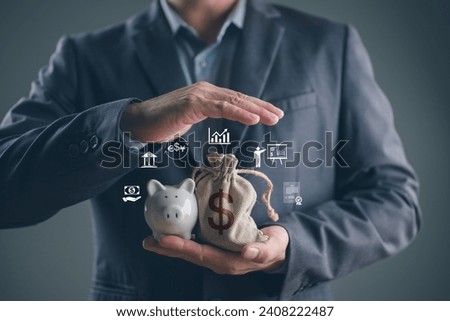 Man holding money bag and piggy bank, planning investment, insurance, management of business and saving money wealth, financial, Business, finance, investment, loans, pension, emergency fund.